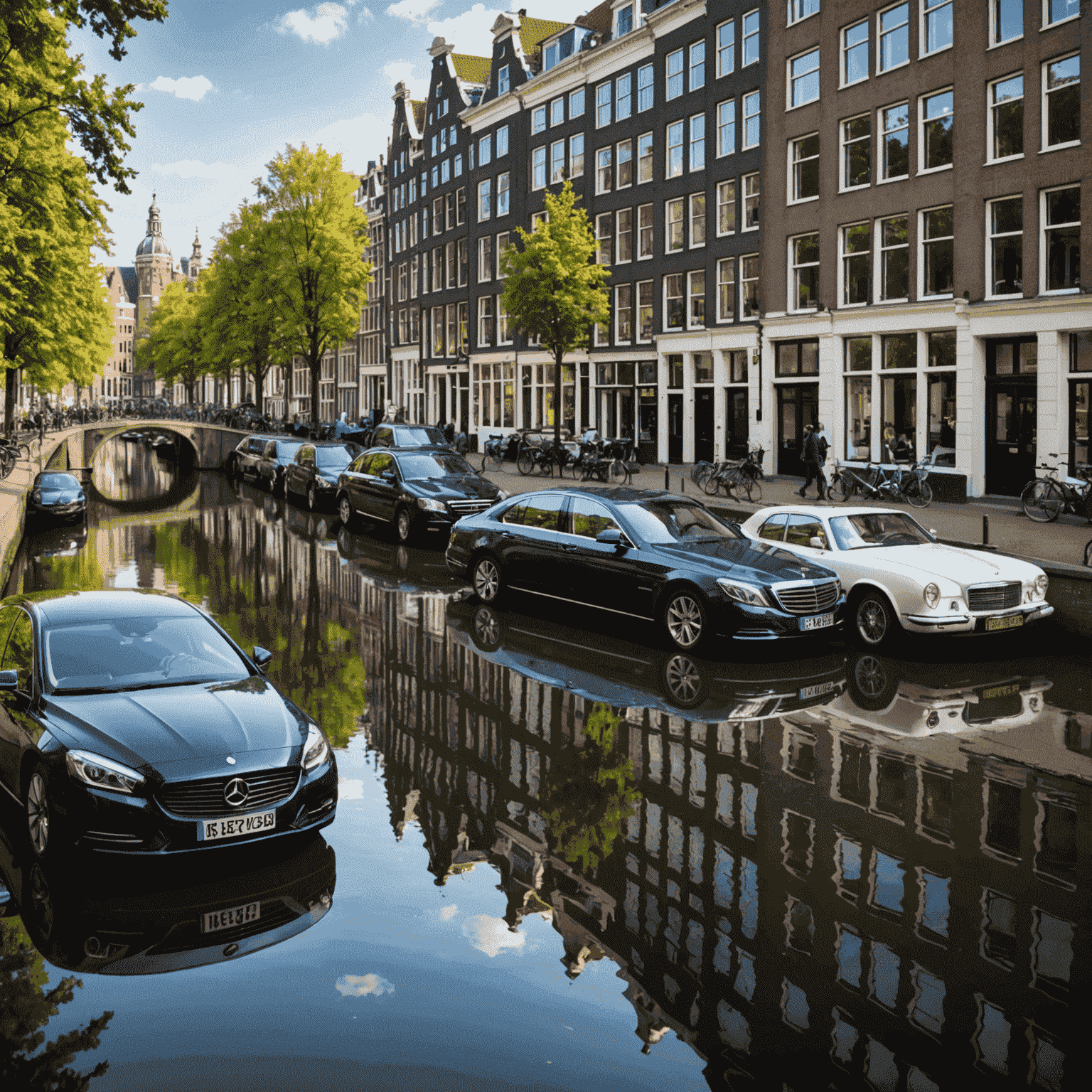Panoramisch uitzicht op Amsterdam met luxe auto's op de voorgrond, weerspiegeld in de grachten