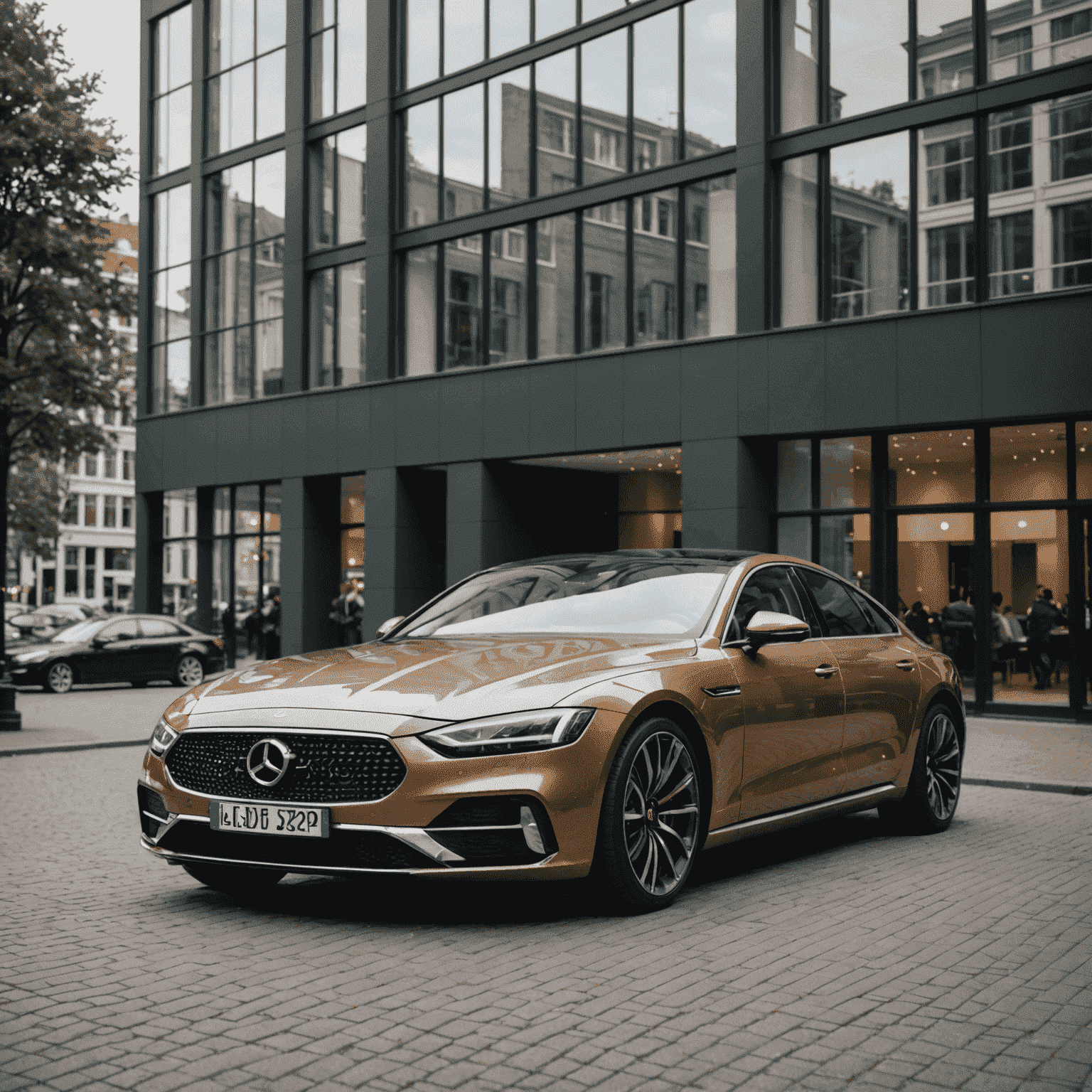 Een luxe custom auto geparkeerd voor een modern gebouw in Amsterdam, weerspiegeld in de glazen gevel
