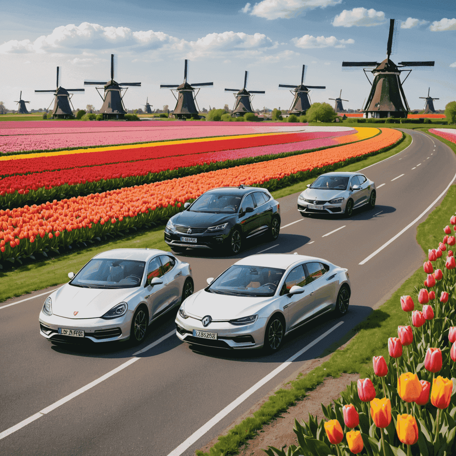Een collage van vijf unieke aangepaste auto's op een Nederlandse weg met windmolens en tulpenvelden op de achtergrond
