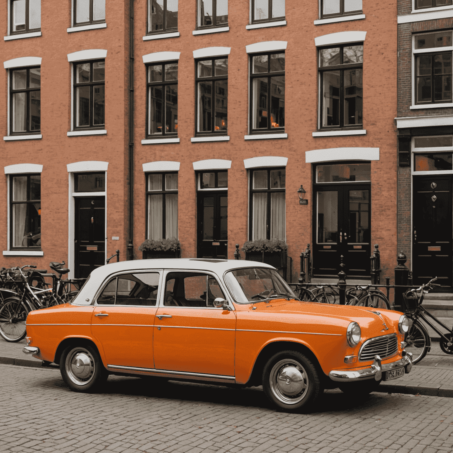 Een aangepaste Nederlandse auto met opvallende oranje lak en unieke velgen, geparkeerd voor een typisch Amsterdams grachtenpand