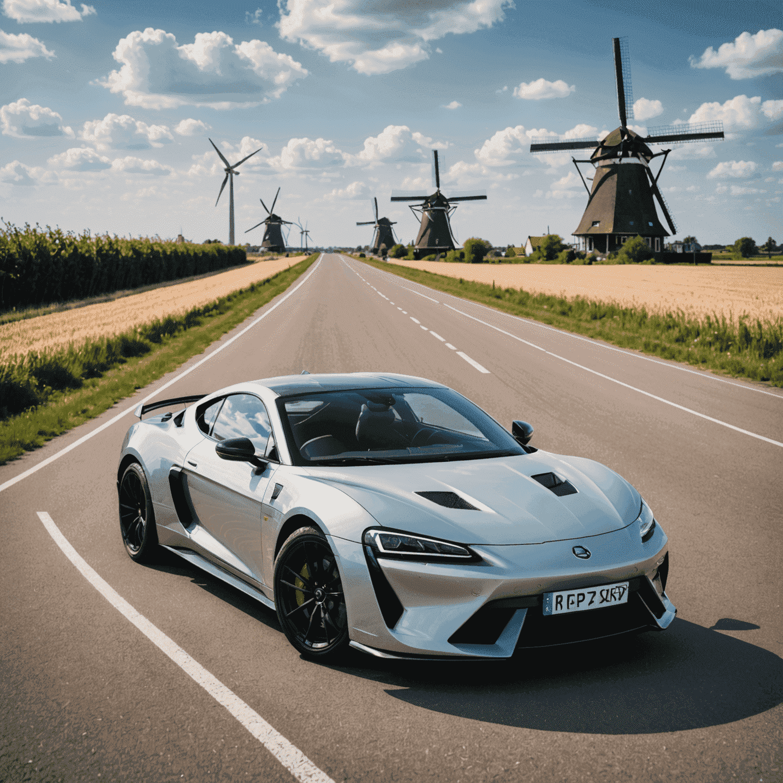 Een aangepaste sportwagen op een Nederlandse weg met windmolens op de achtergrond, symboliserend de balans tussen innovatie en traditie in de Nederlandse autoculture