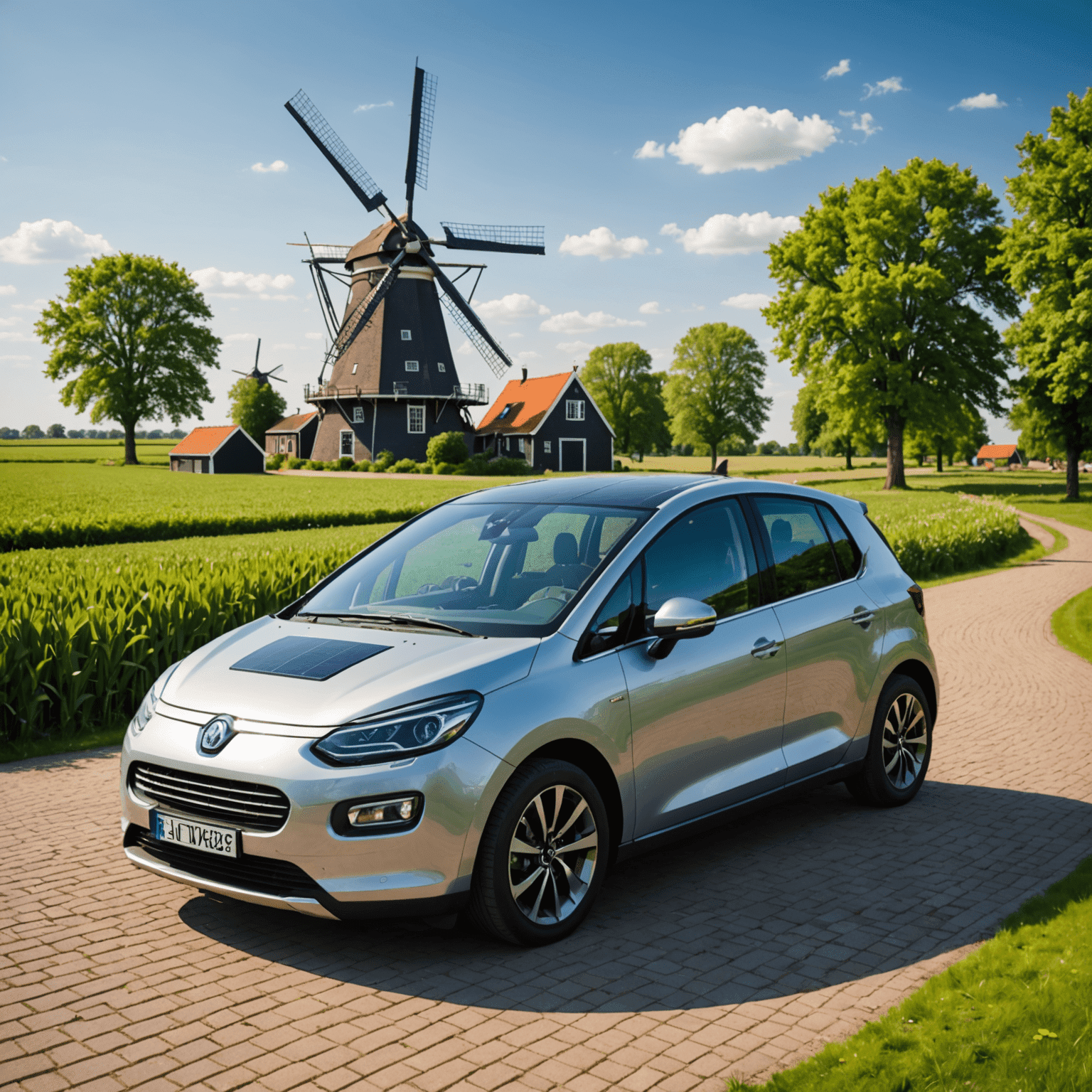 Een moderne, milieuvriendelijke custom auto met zonnepanelen op het dak, geparkeerd voor een typisch Nederlands windmolenlandschap