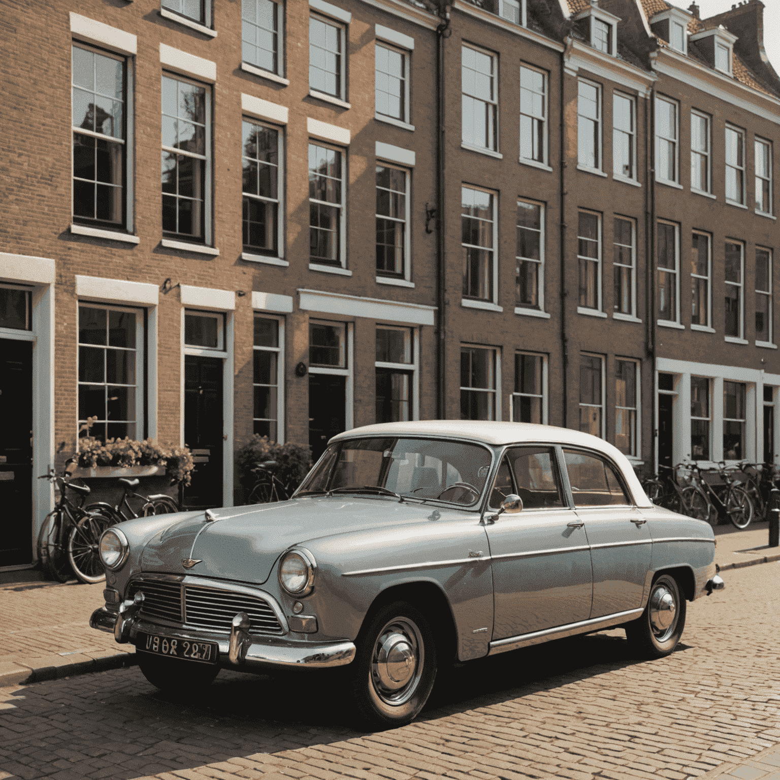 Een gerestaureerde klassieke Nederlandse auto, glanzend in de zon voor een typisch Amsterdams grachtenpand