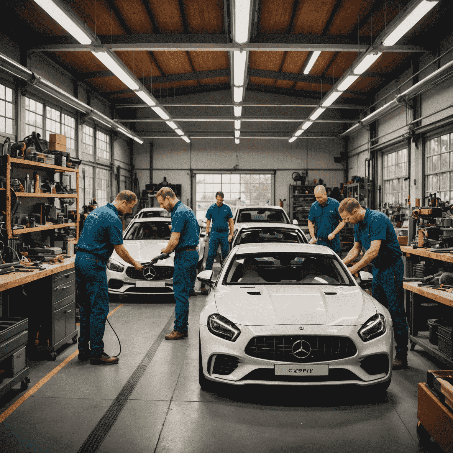 Interieur van een high-end auto atelier met vakmannen die aan exclusieve voertuigen werken