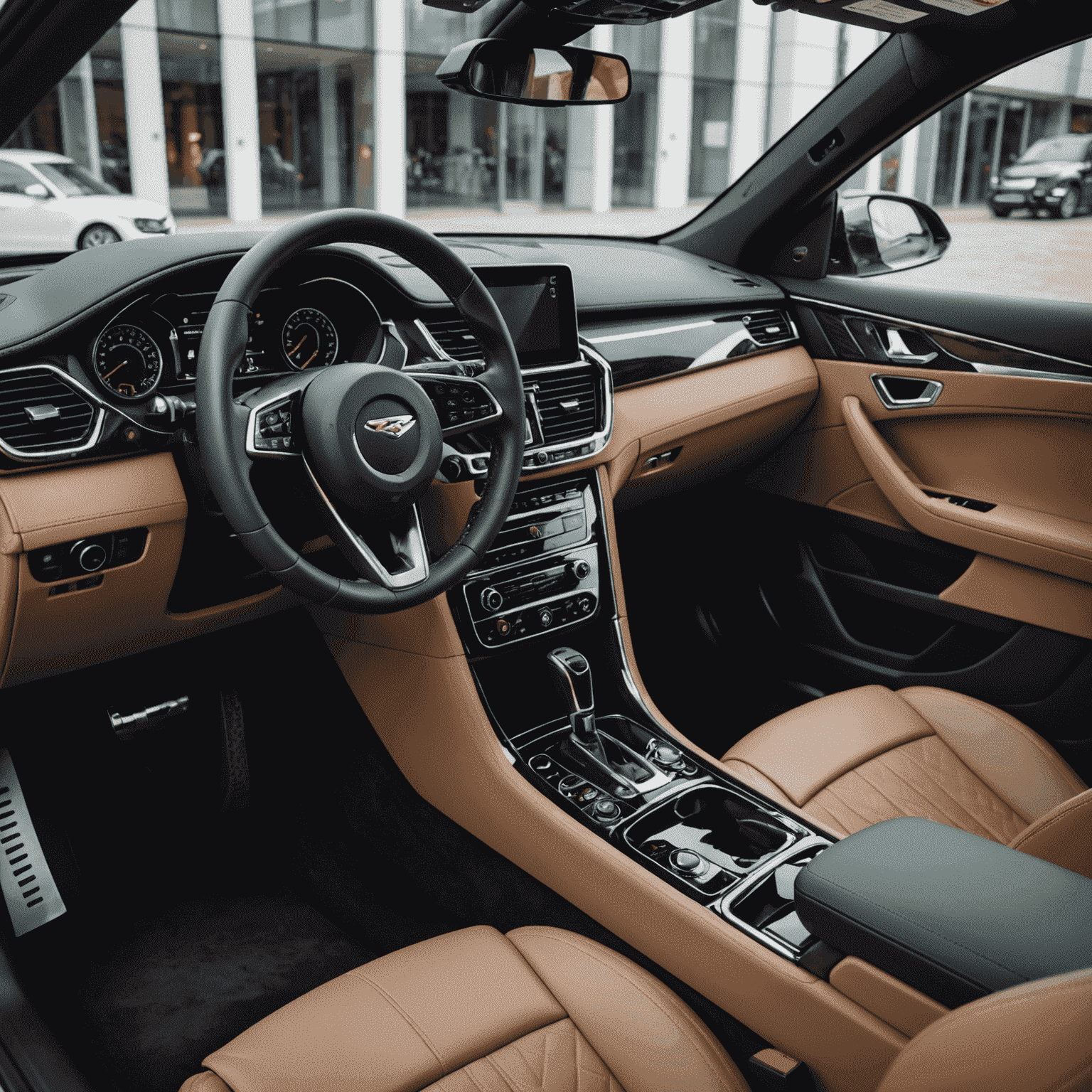 Interieur van een premium auto met lederen bekleding en geavanceerd dashboard, geparkeerd in een moderne showroom