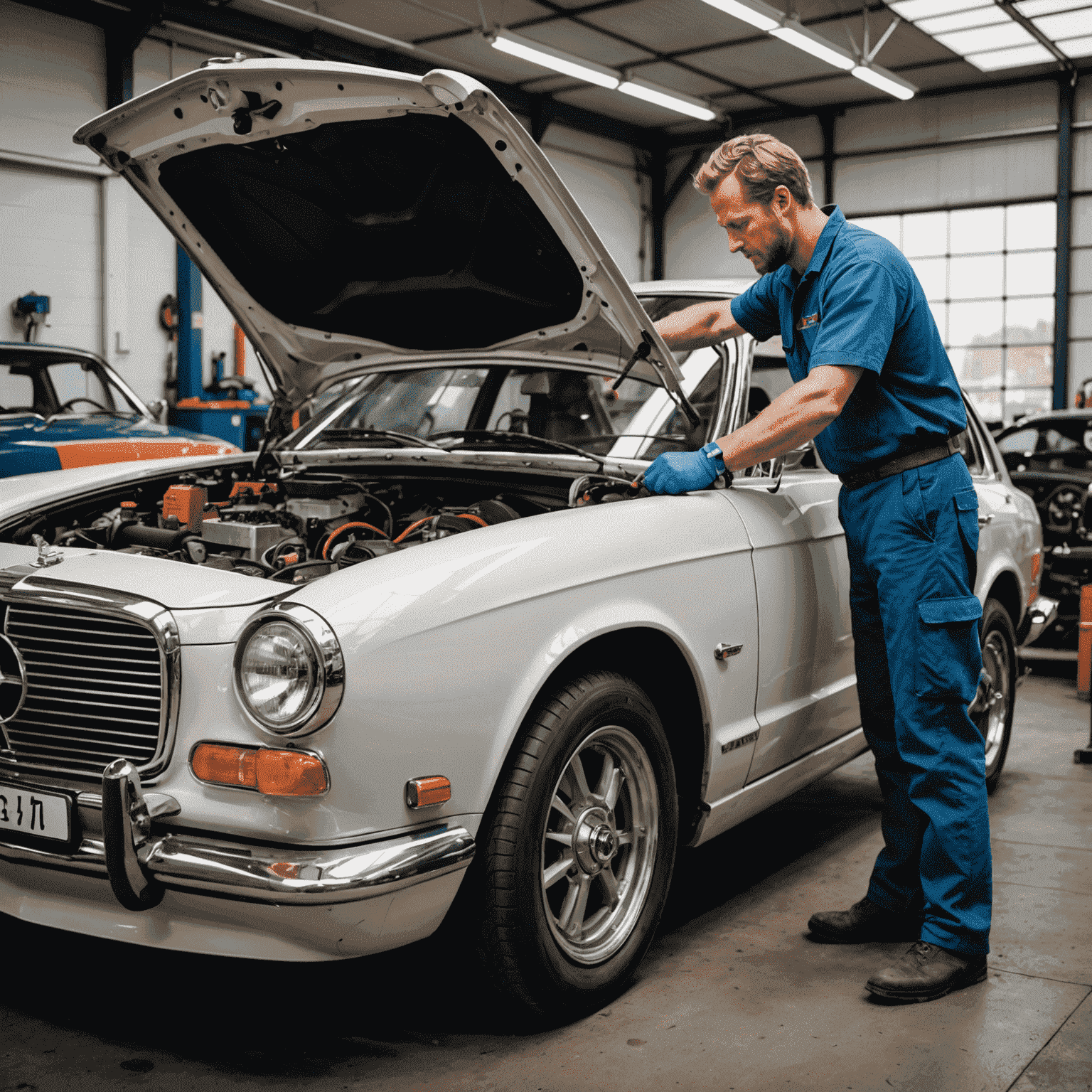 Een Nederlandse automonteur die een uniek ontwerp aanbrengt op een auto, met traditionele Nederlandse elementen vermengd met moderne stijlen
