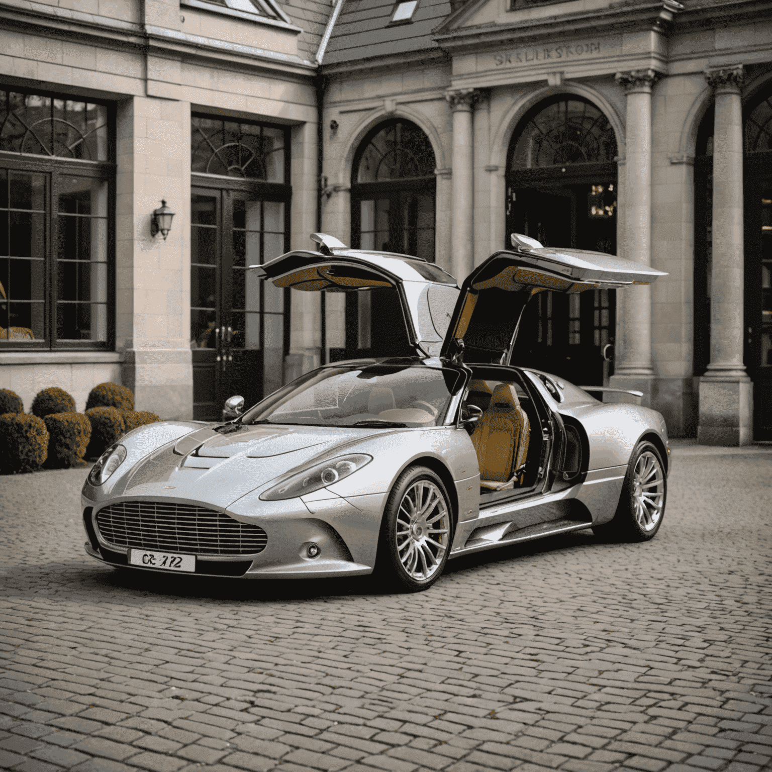 Een zilverkleurige Spyker C8 Preliator met vleugeldeuren open, geparkeerd voor een modern Nederlands architectuurgebouw