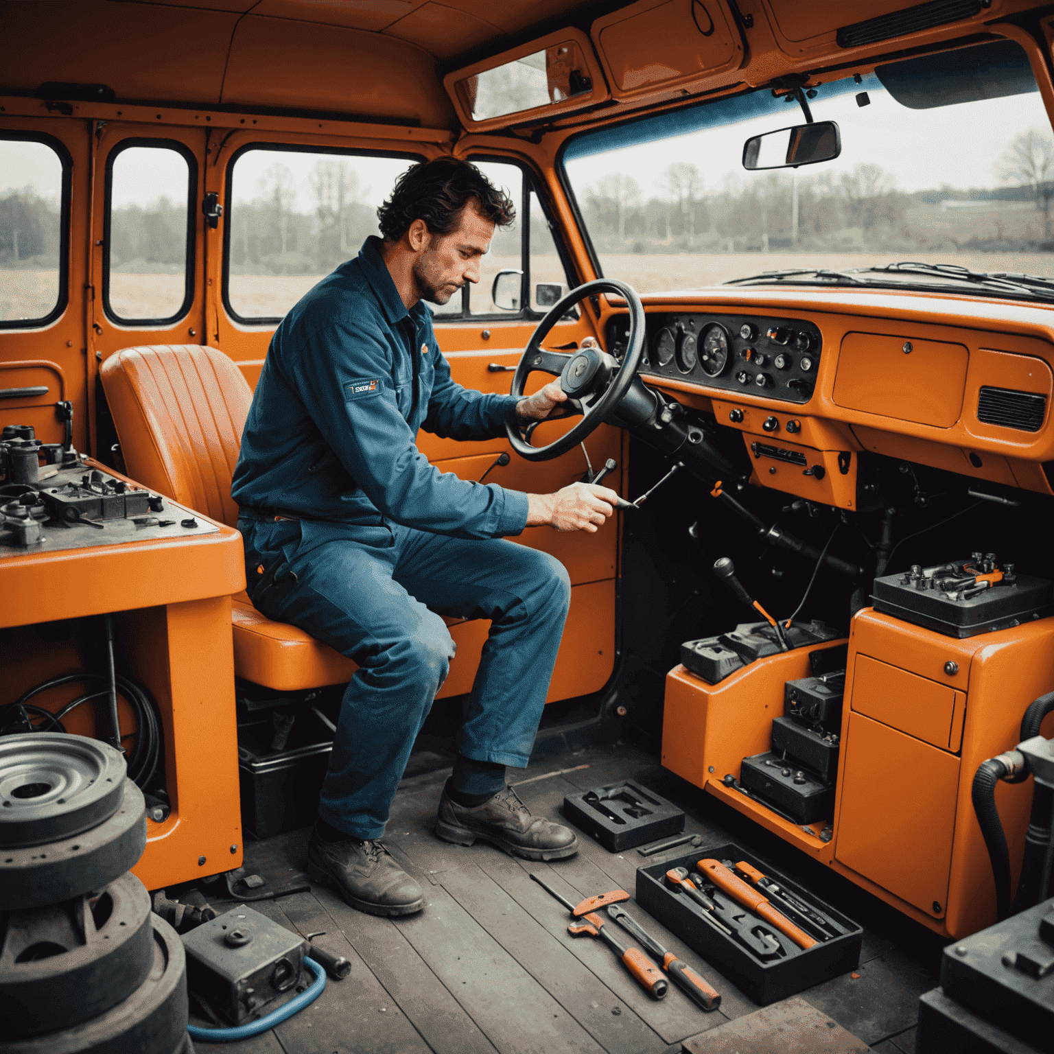 Een monteur die met de hand een custom interieur installeert in een klassieke Nederlandse DAF, omringd door moderne gereedschappen