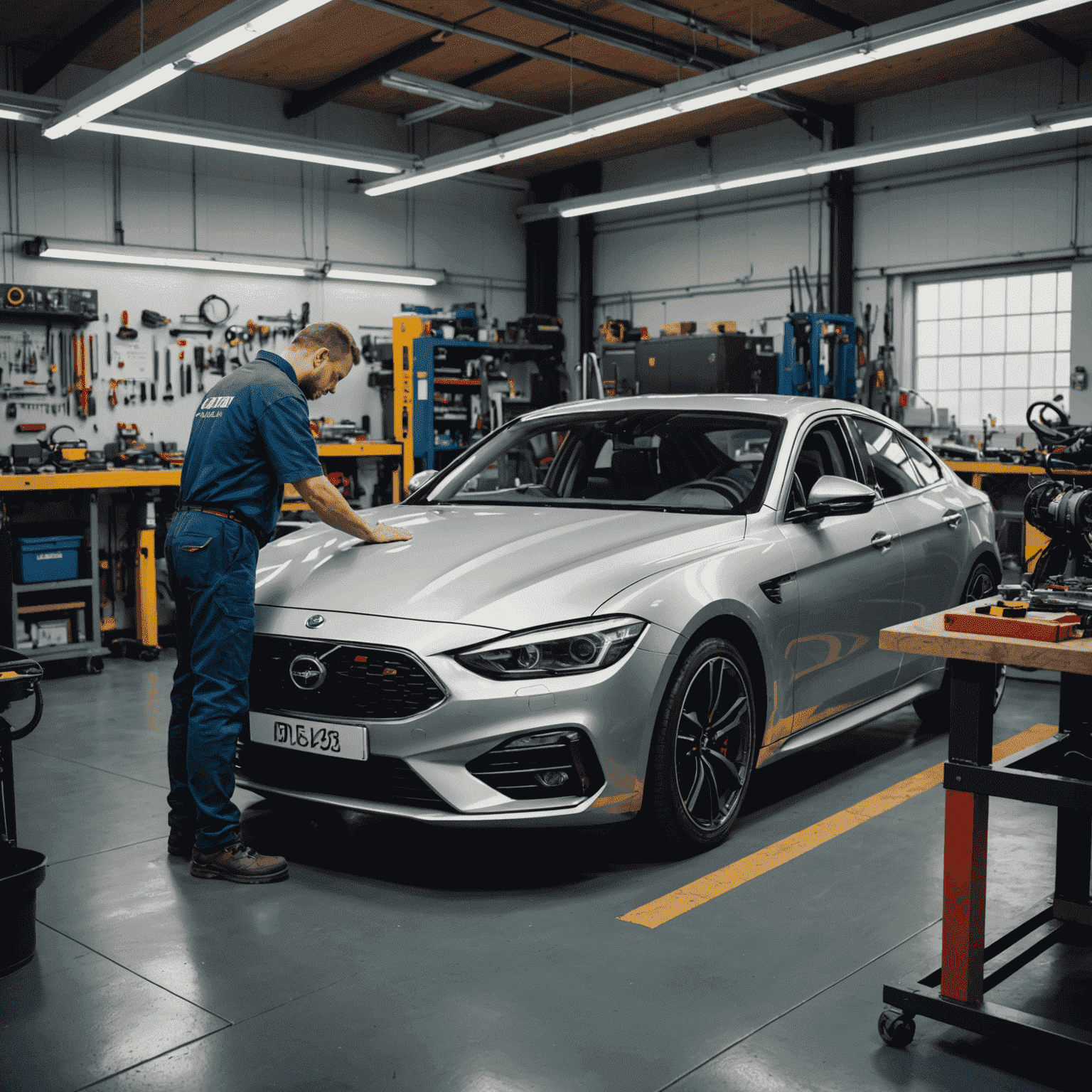 Een monteur die een aangepaste auto inspecteert in een high-tech werkplaats, met RDW-documenten zichtbaar op een nabijgelegen werkbank