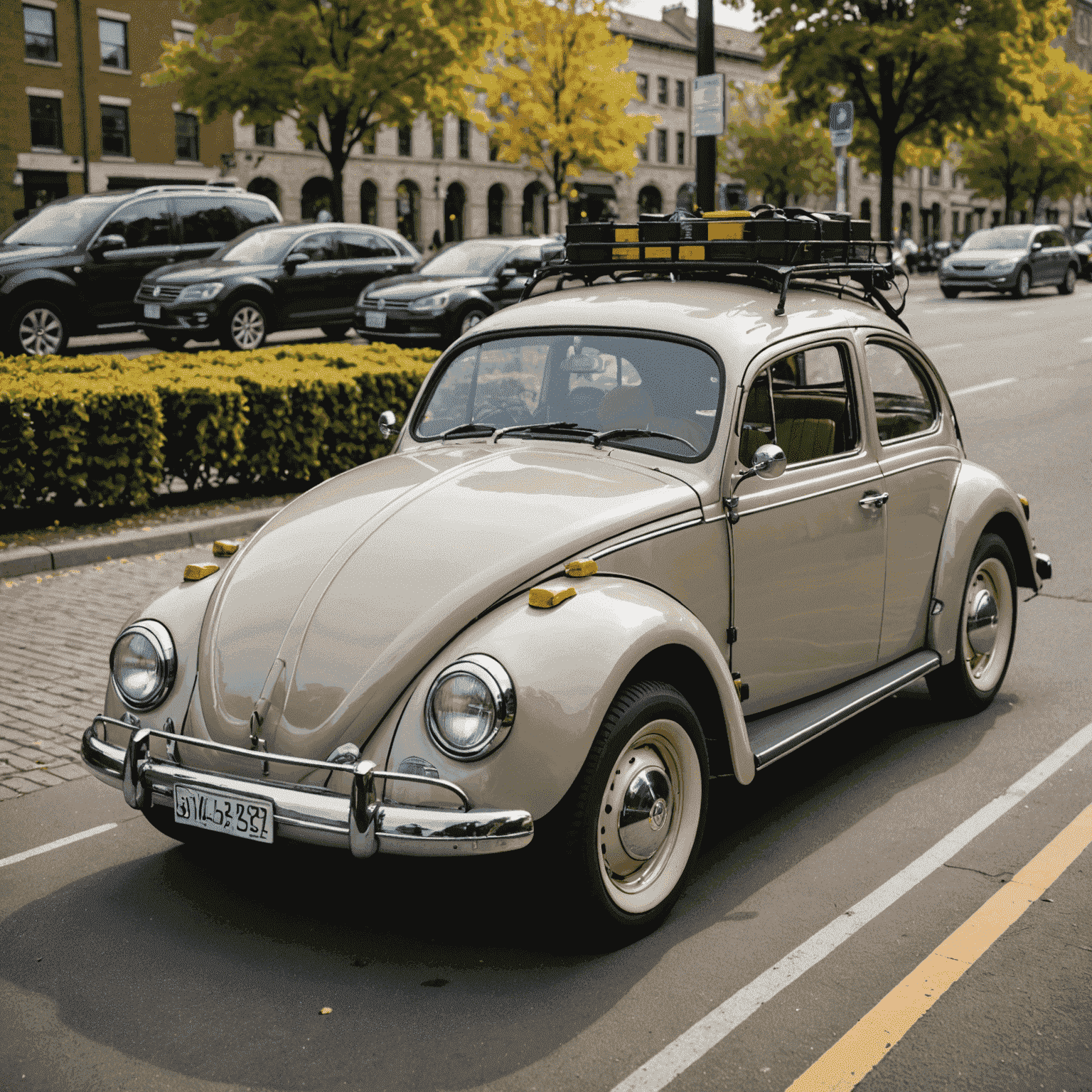 Een gerestaureerde klassieke Volkswagen Kever, omgebouwd tot een elektrisch voertuig, met de motorkap open om de elektrische componenten te tonen