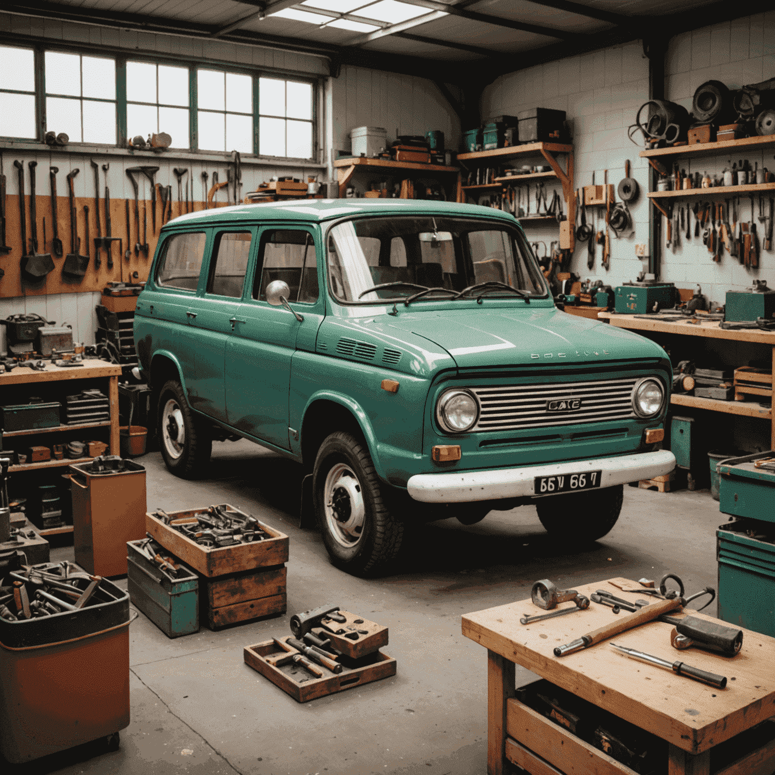Een volledig gerestaureerde DAF 600 in een moderne werkplaats, omringd door gereedschap en onderdelen