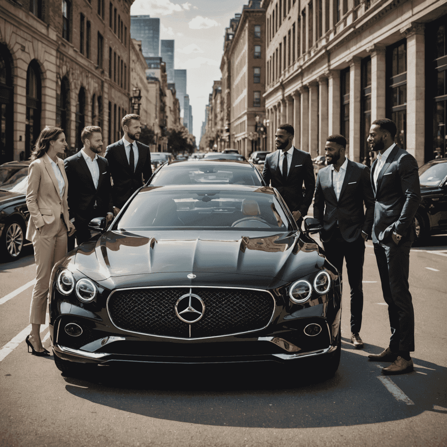 Diverse groep auto-experts die samenwerken aan een luxe voertuig