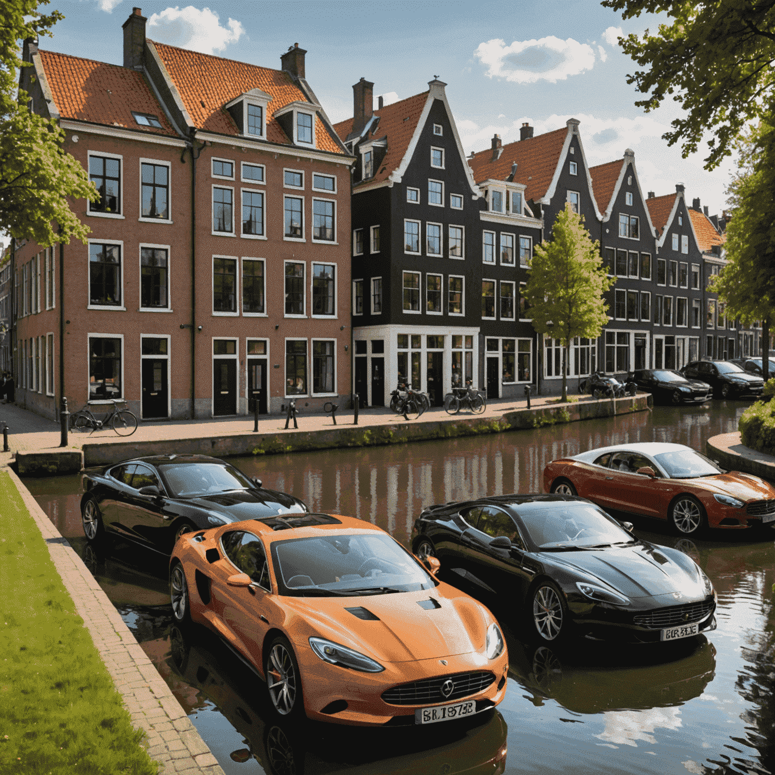 Vijf luxe aangepaste auto's geparkeerd in een rij op een Nederlandse gracht, met traditionele huizen op de achtergrond