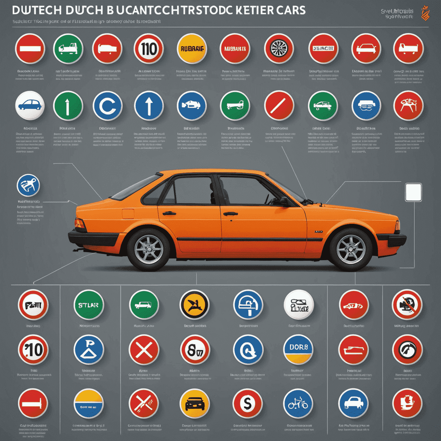 Een infographic die de belangrijkste Nederlandse regelgeving voor aangepaste auto's weergeeft, met iconen van verkeersborden en autoonderdelen