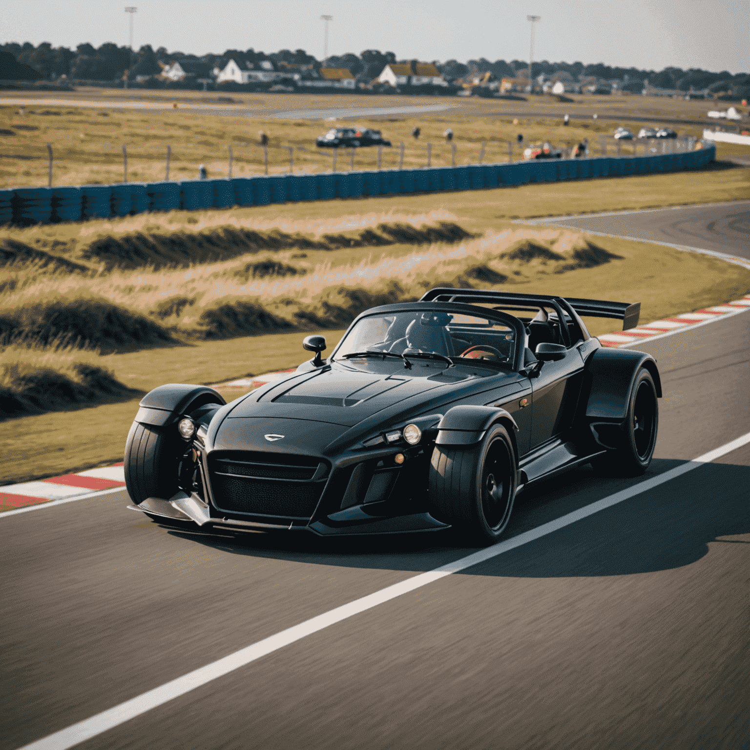 Een zwarte Donkervoort D8 GTO-JD70 racend op het Circuit Zandvoort, met duinen zichtbaar op de achtergrond