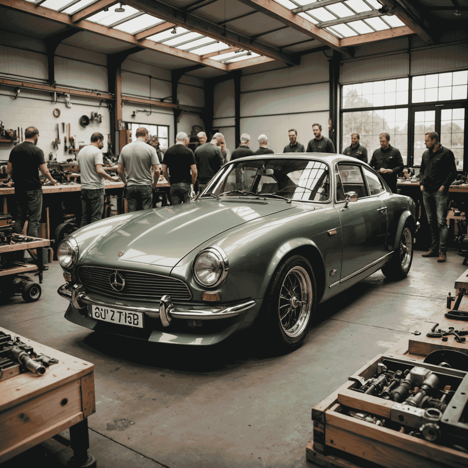 Een groep Nederlandse auto-enthousiastelingen die samenwerken aan een milieuvriendelijk custom autoproject in een moderne werkplaats
