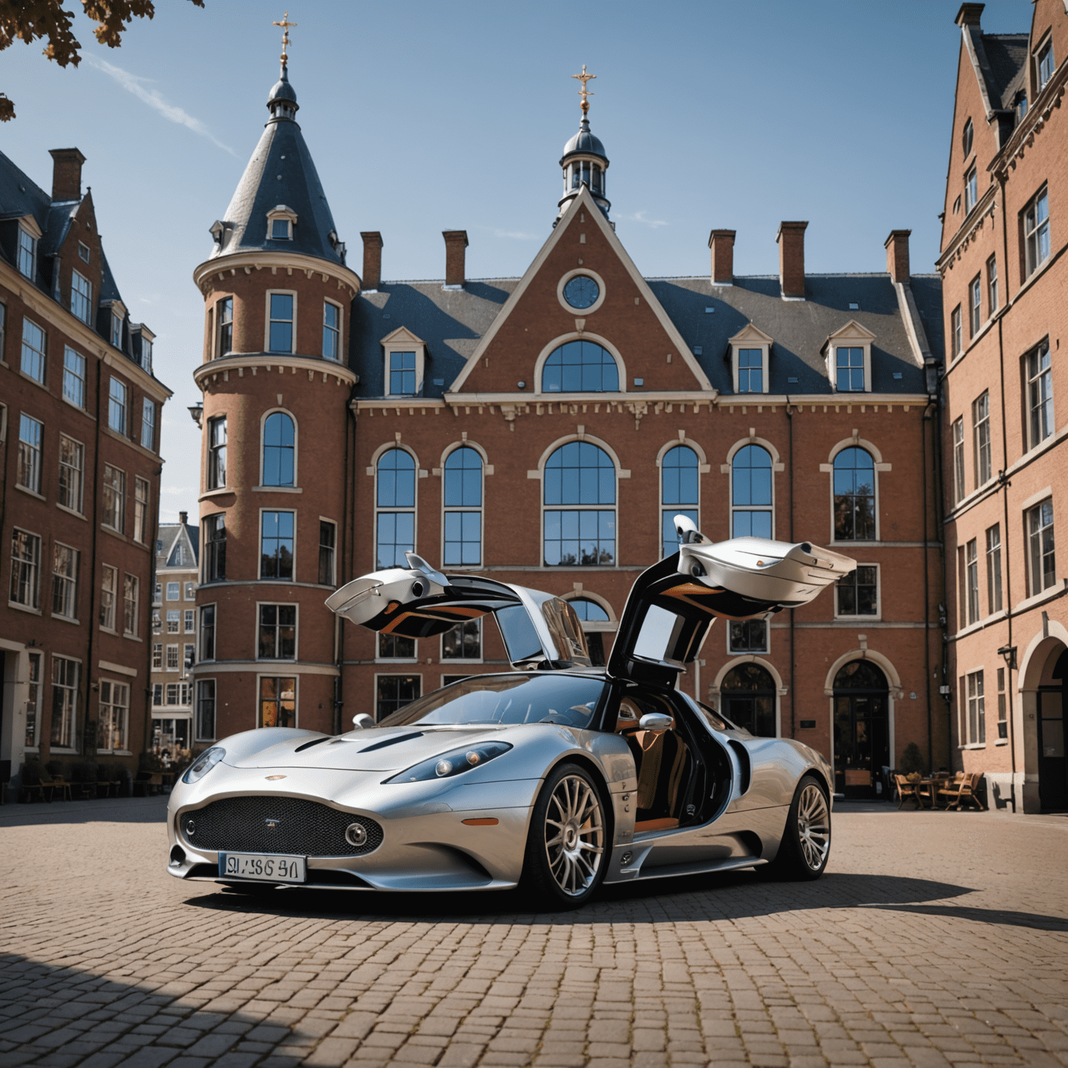 Een aangepaste Spyker C8 met unieke vleugeldeuren en een op maat gemaakt interieur, geparkeerd voor een modern Nederlands architectonisch landmark