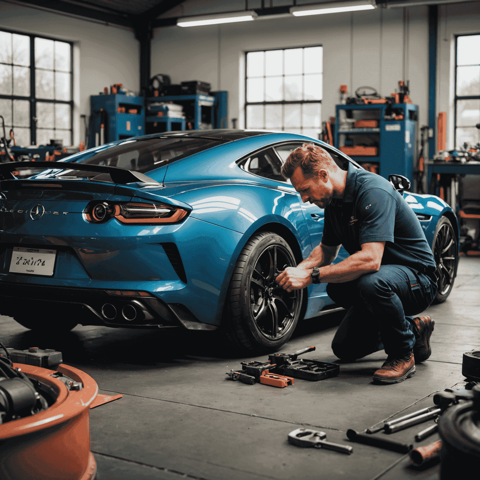Een Nederlandse automonteur die gedetailleerd werk verricht aan een luxe sportwagen in een high-end garage