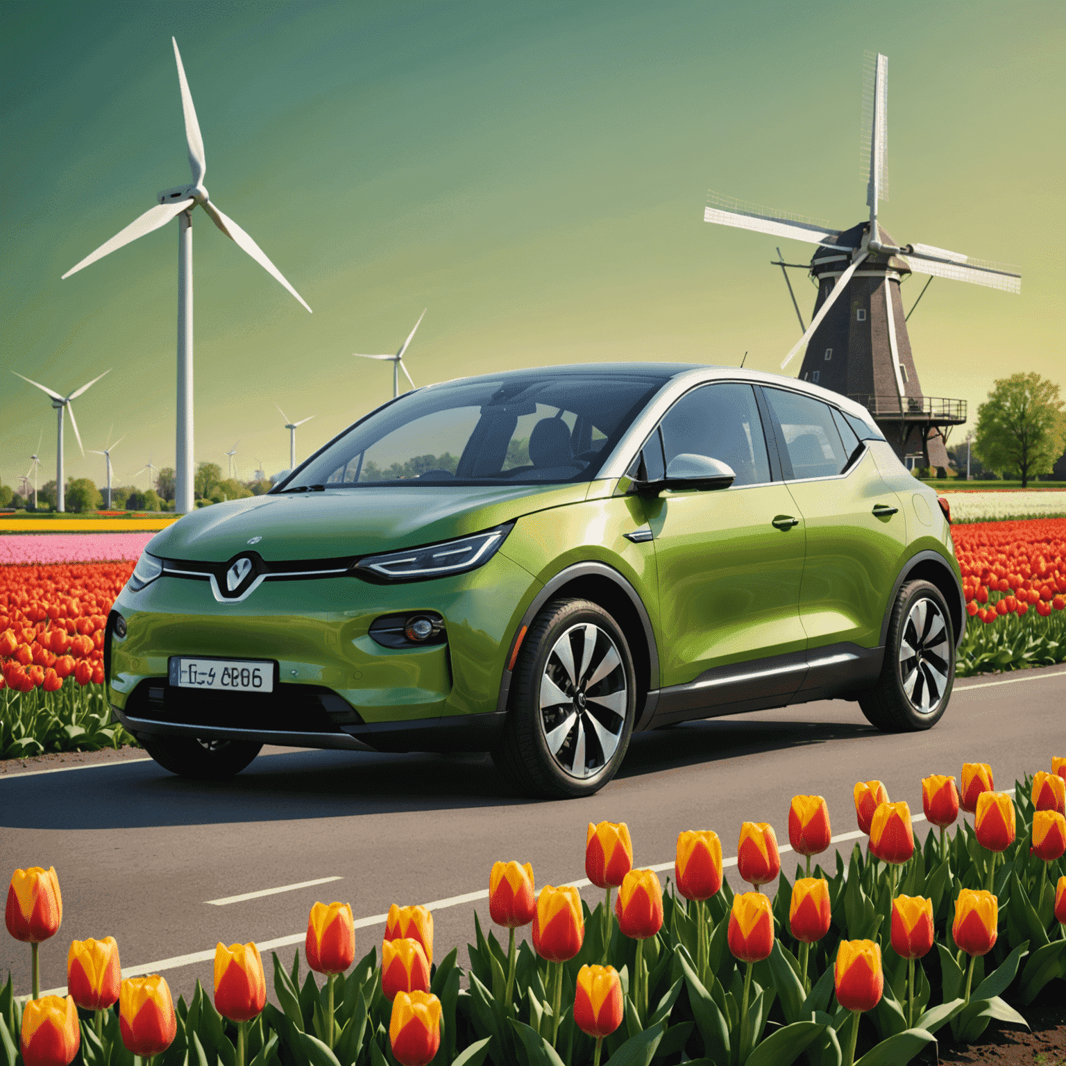 Een aangepaste elektrische auto met Nederlandse kenmerken, zoals tulpen of windmolens geïntegreerd in het ontwerp, op een achtergrond van groene energie