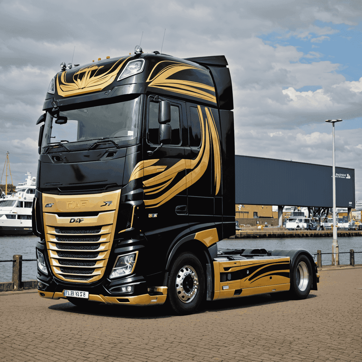 Een glanzende, zwart-gouden DAF XF Euro 6 vrachtwagen met custom airbrush artwork, geparkeerd bij de Rotterdamse haven