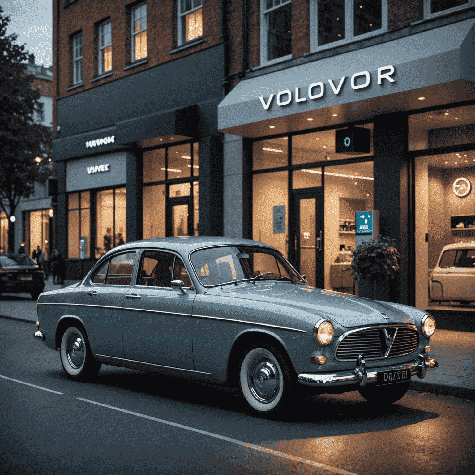 Een geëlektrificeerde Volvo Amazon met moderne LED-verlichting en een futuristisch interieur, opladend bij een designlaadstation