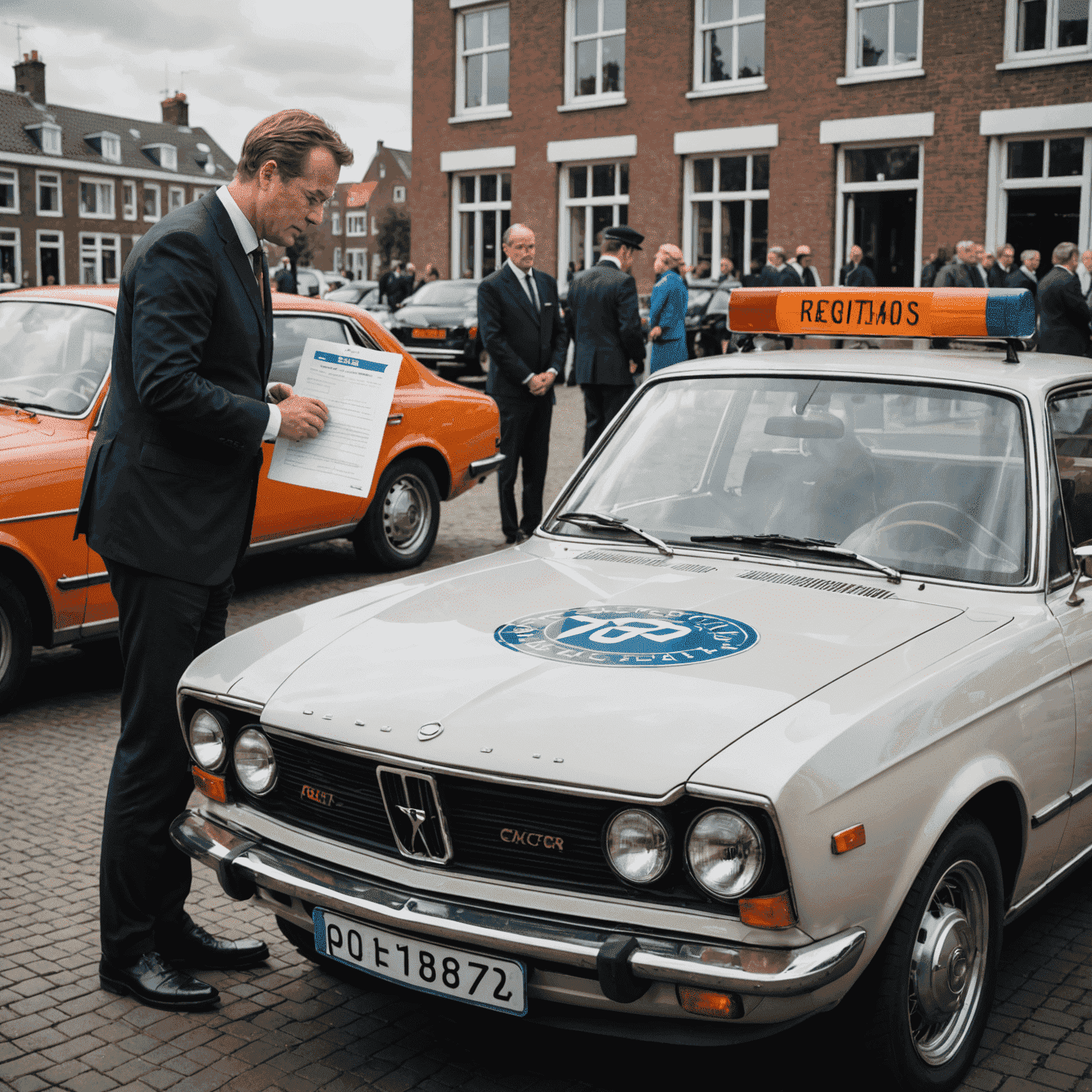 Een Nederlandse ambtenaar die een aangepaste auto inspecteert, met op de achtergrond een bord met regelgeving