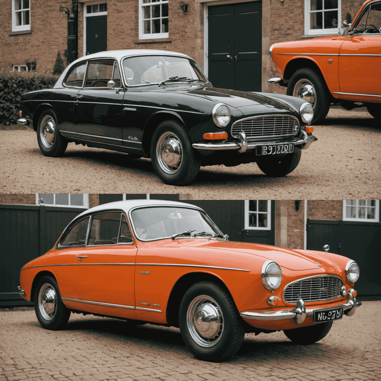 Een collage van voor- en na-foto's van gerestaureerde Nederlandse klassieke auto's, met details van het restauratieproces