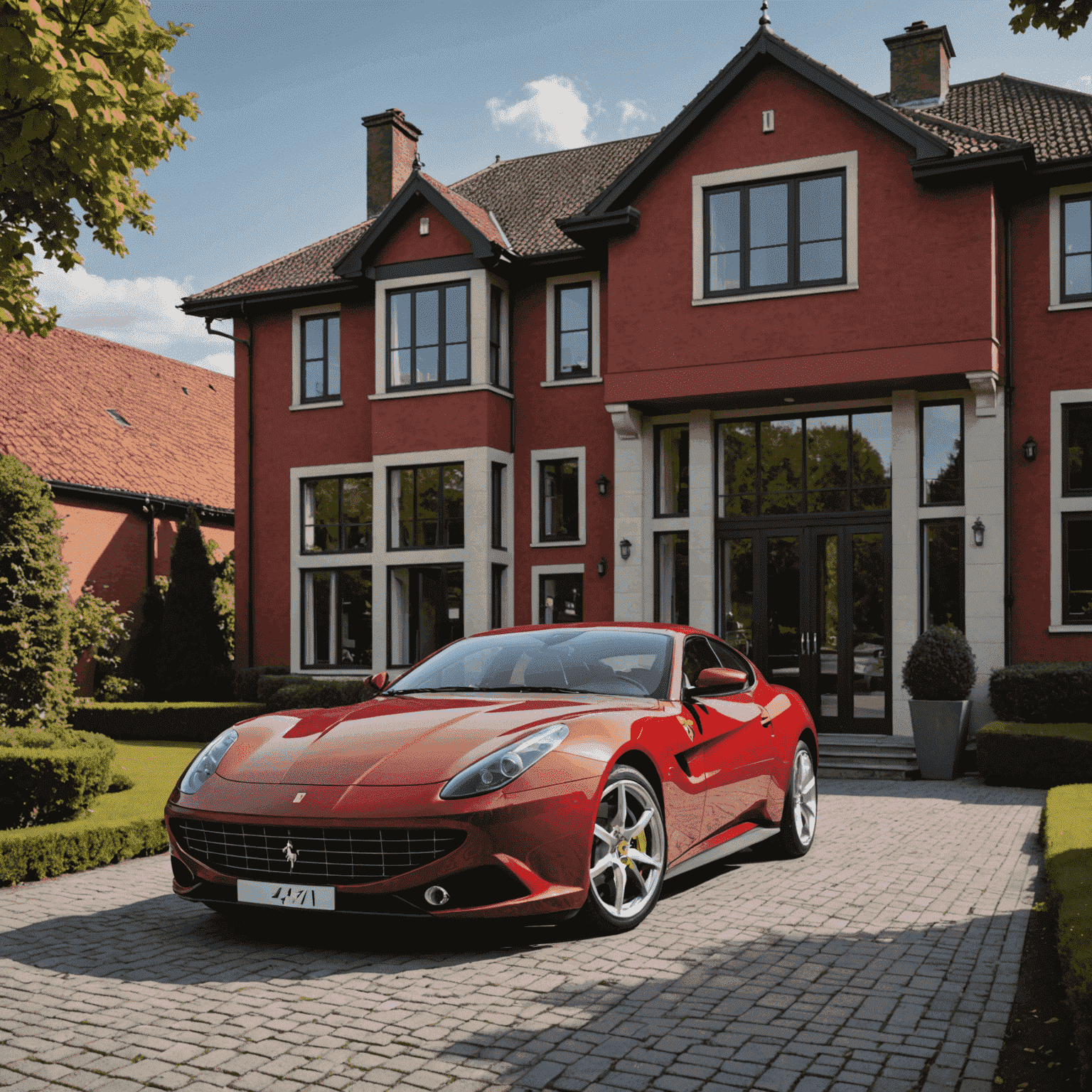 Een rode Vandenbrink Design Ferrari 612 Scaglietti Shooting Brake voor een moderne Nederlandse villa met veel glas