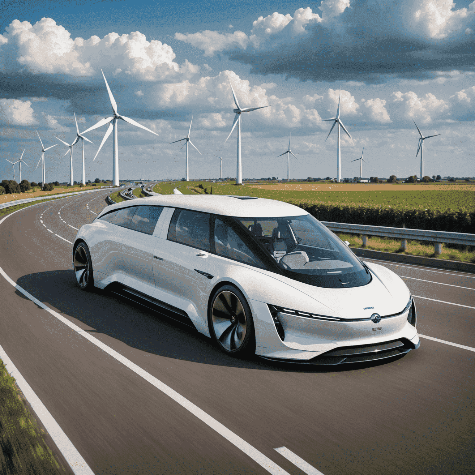 De futuristische witte Electric Superbus rijdend op een snelweg naast traditionele Nederlandse windmolens
